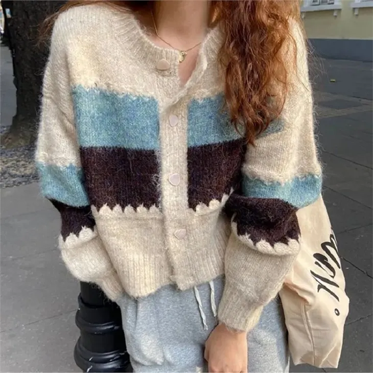 Warm Chunky Striped Knit Sweater Beige